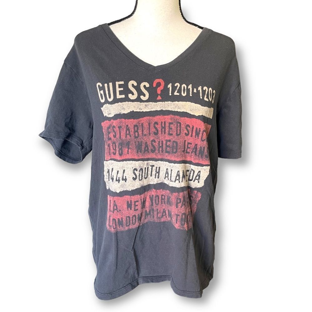 Vintage Guess V-Neck Short Sleeve T-Shirt, Gray, Size Medium - Picture 1 of 8